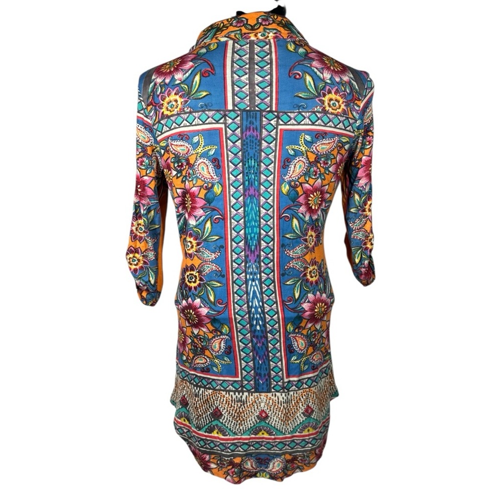 Derhy Small Button Down Shirt Top 3/4 Roll Sleeves Embellished Vacation Colorful - Picture 5 of 11